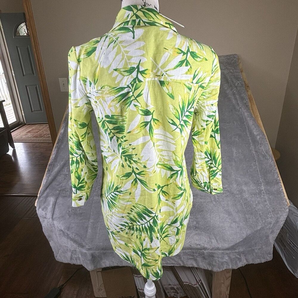 Anne Klein Linen Shirt Womens X-Small Green Tunic Palm 3/4 Sleeve Button New $89 - Picture 3 of 16